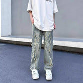 Threebooy Y2K Streetwear Cross Patchwork Baggy Stacked Jeans Pants For Men Clothing Straight Old Denim Trousers Pantaloni Uomo